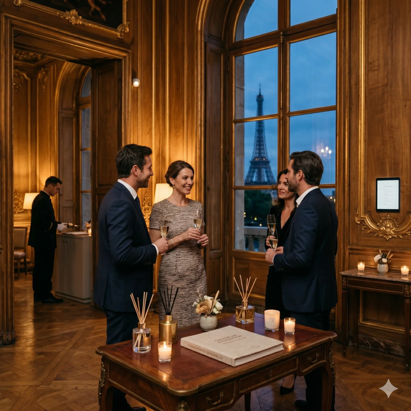 Scénographie sensorielle et discussions feutrées entre invités dans un prestigieux salon face à la tour Eiffel.