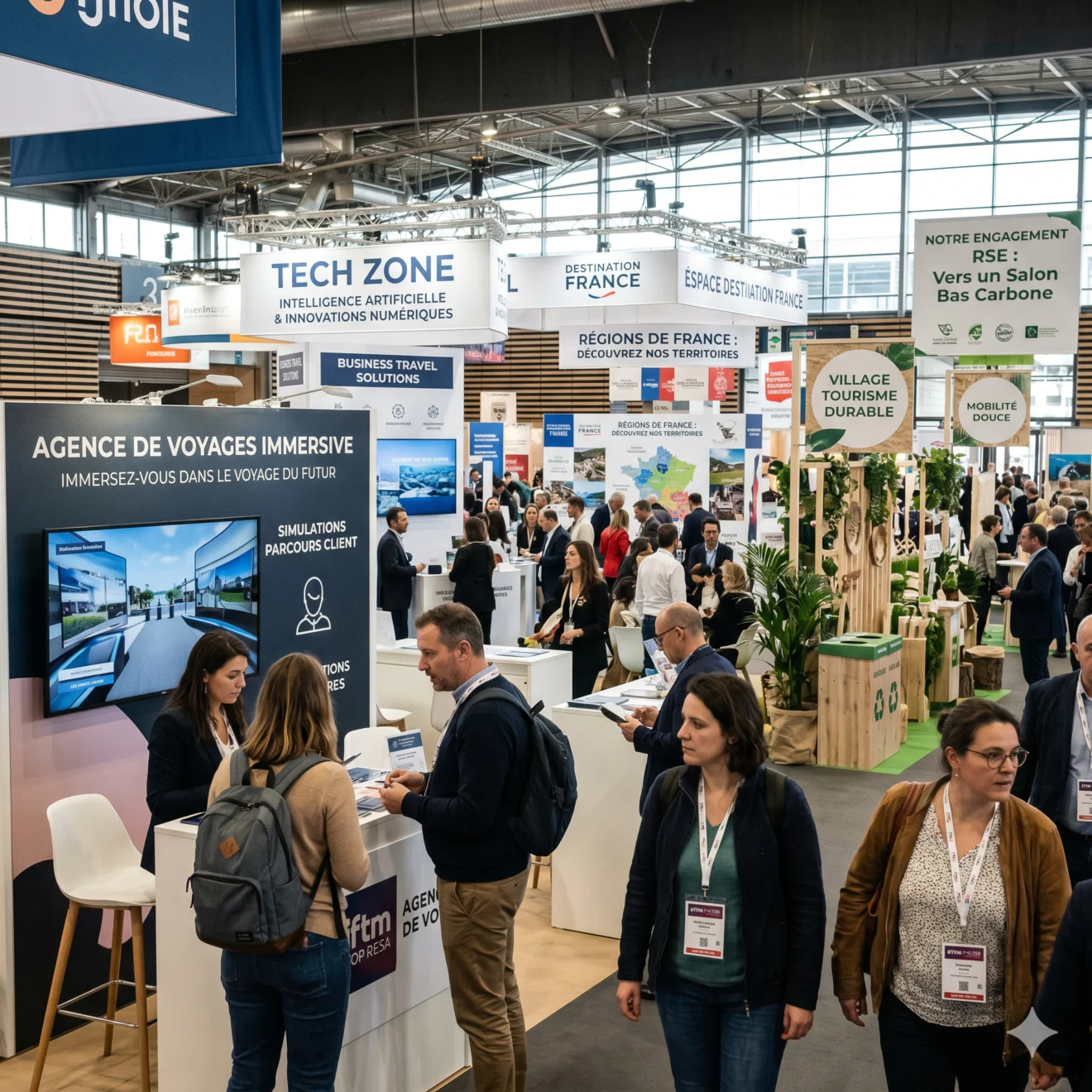Vue générale de stands d'exposition thématiques (Tech, Agence immersive, RSE) dans une grande halle de salon.