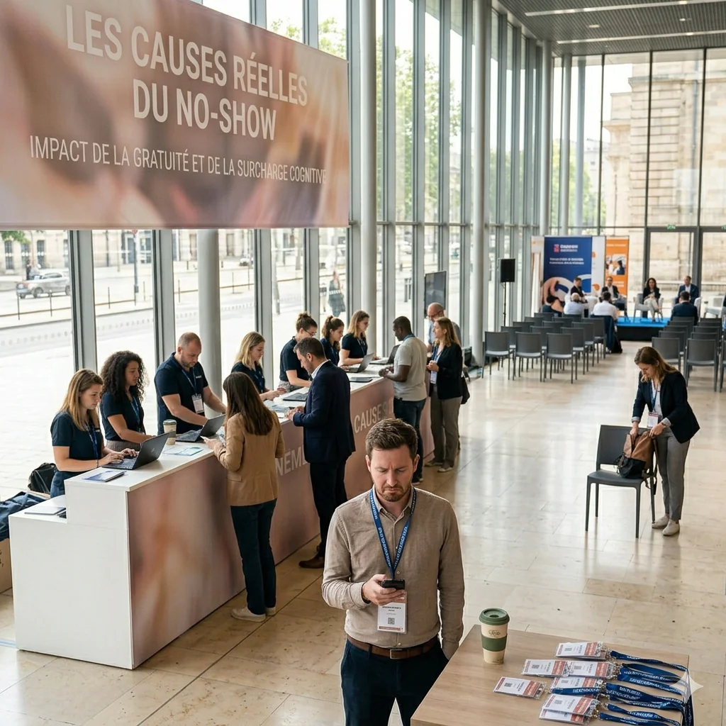 Vue en plongée d'une salle de conférence à moitié vide, montrant des hôtesses d'accueil qui attendent les participants et un homme au premier plan concentré sur son téléphone sous une bannière traitant du « no-show ».