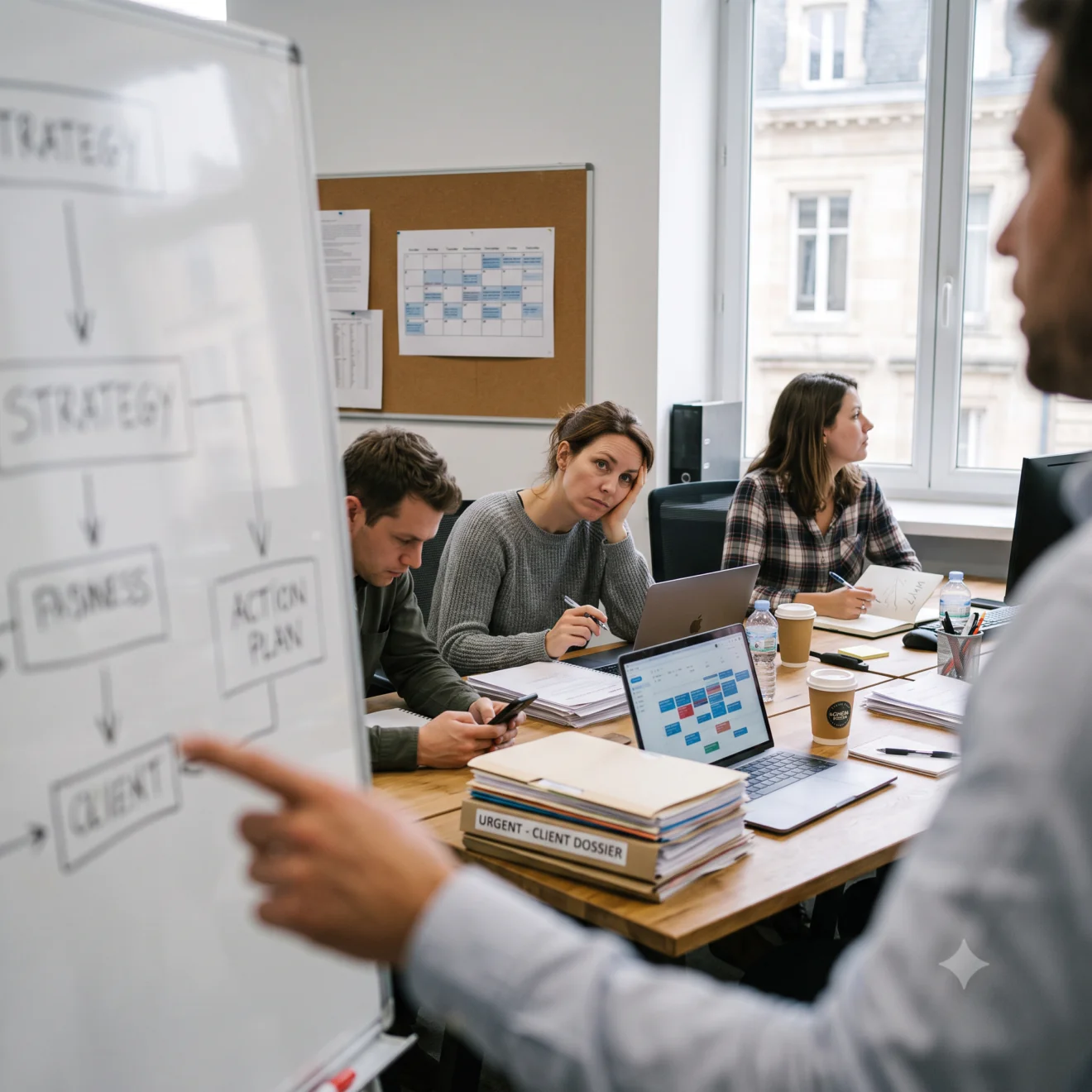 Employée s'ennuyant visiblement pendant qu'un collègue fait une présentation sur tableau blanc.