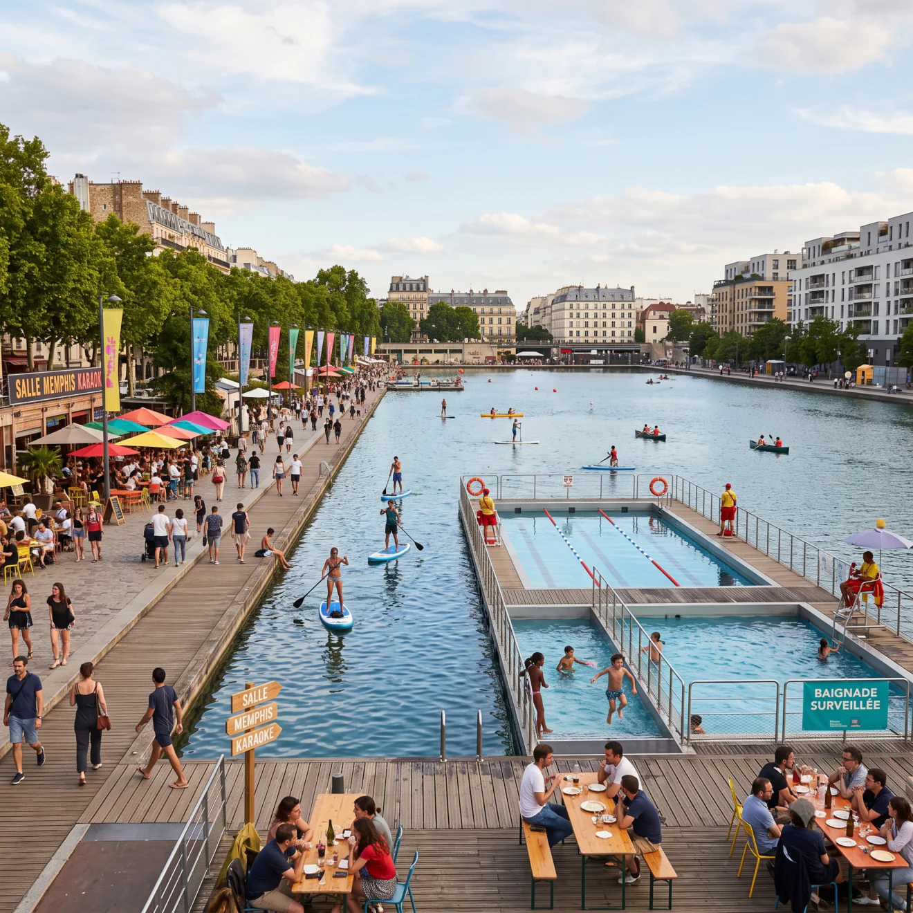 Piscines flottantes et stand-up paddle au bassin de la Villette.