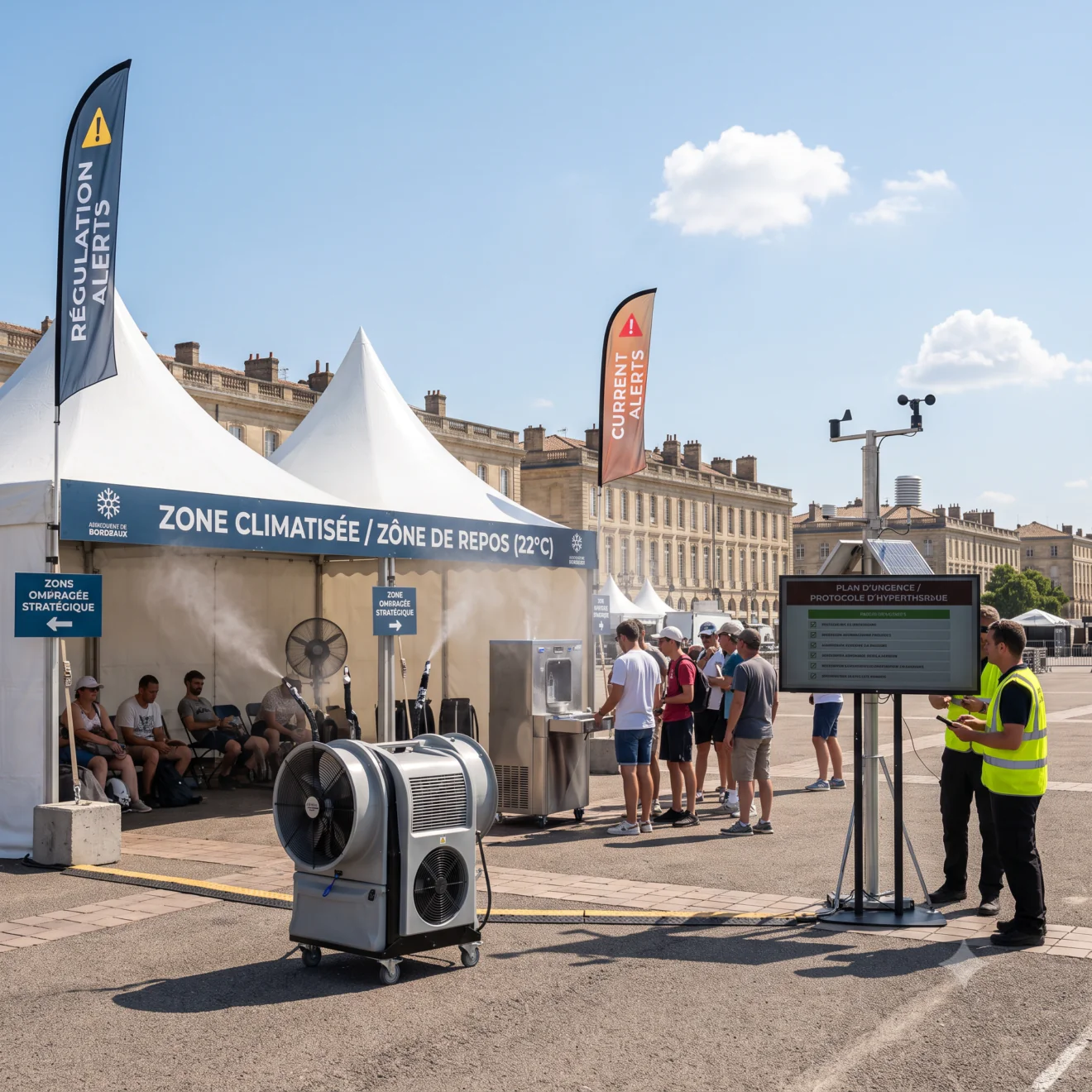 Tente événementielle « Zone climatisée à 22°C » avec brumisateur géant et fontaine à eau sur une place publique ensoleillée.