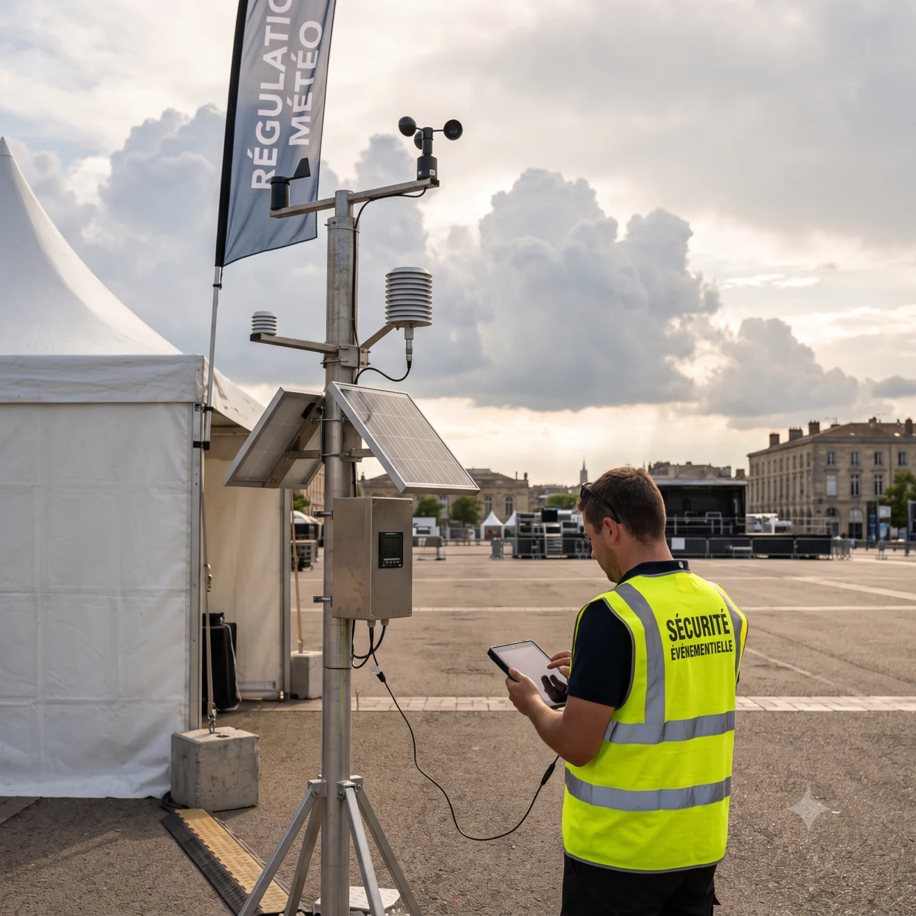 Agent de sécurité événementielle consultant une tablette à côté d'une station météo connectée et autonome.