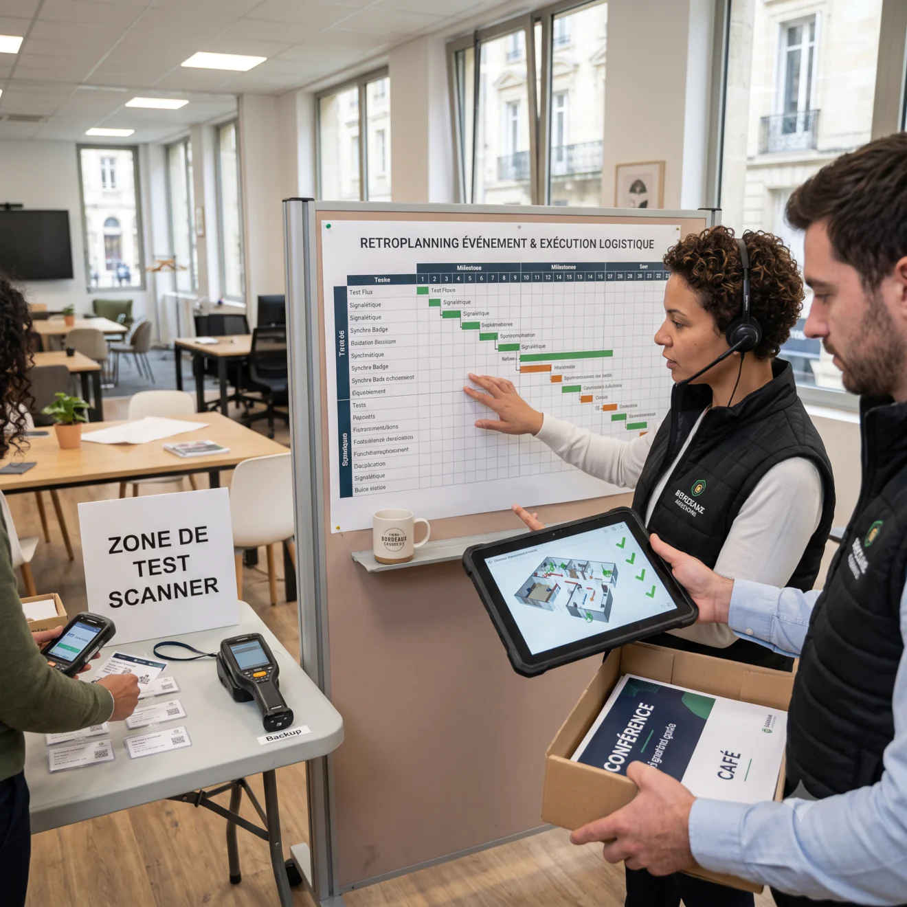 Deux professionnels analysent un rétroplanning et un plan 3D sur tablette dans un bureau.
