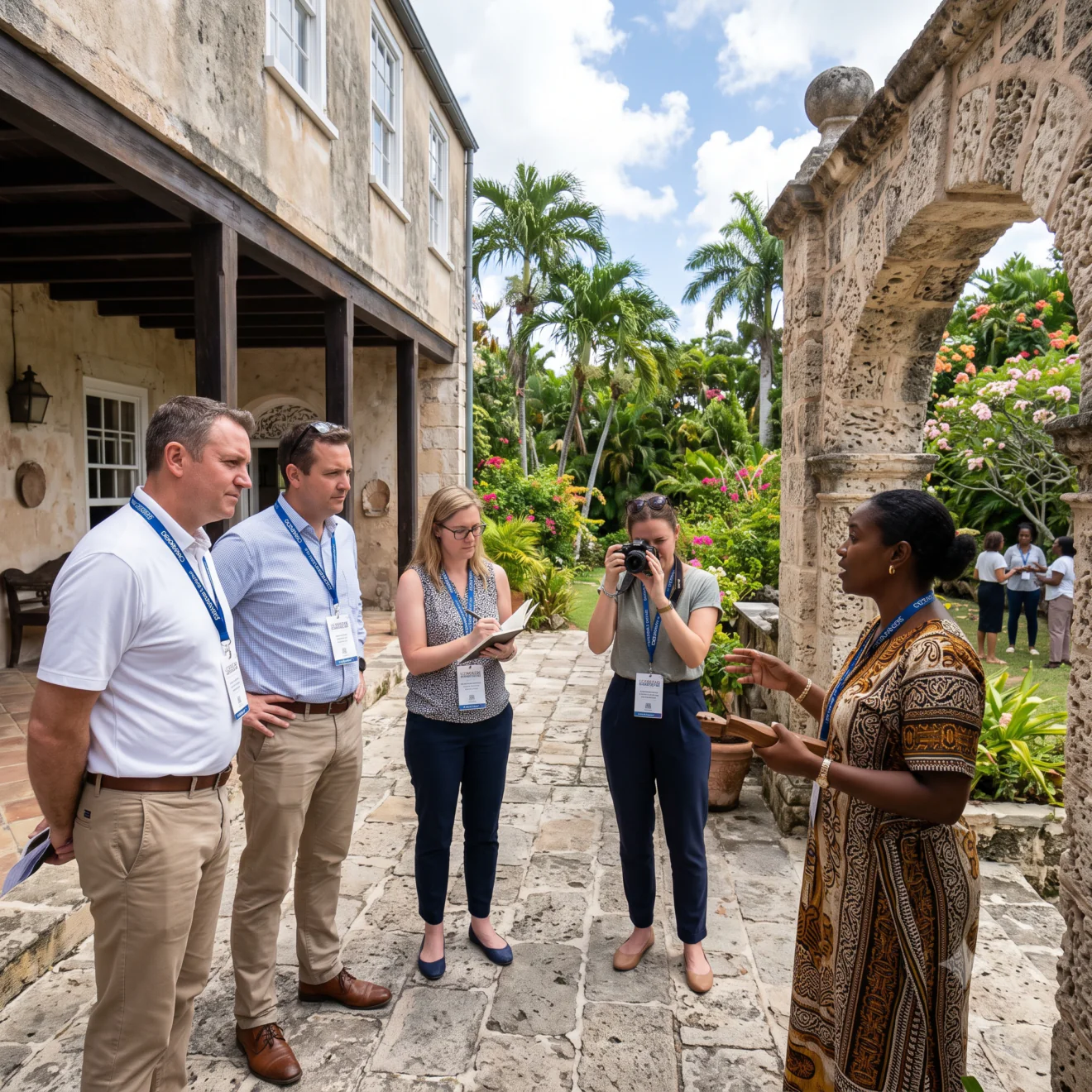 Un groupe de professionnels écoute une guide locale devant une arche en pierre et une demeure coloniale à la Barbade.