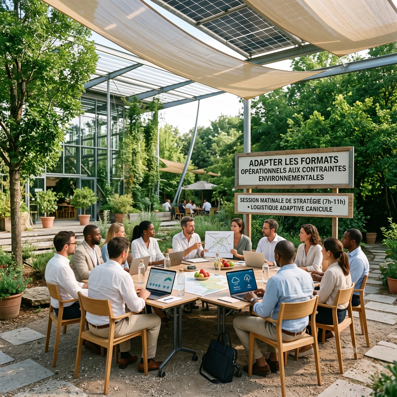 Réunion d'affaires matinale en extérieur sous des voiles d'ombrage et des panneaux solaires en pleine nature.