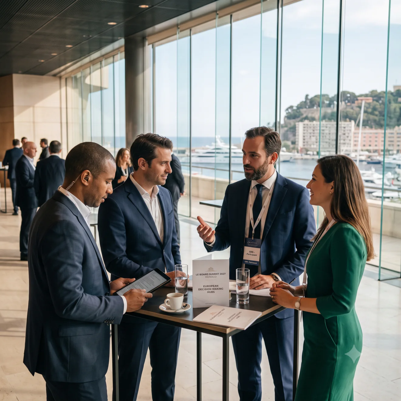 Quatre professionnels discutent en intérieur devant une grande baie vitrée donnant sur le port de Monaco.