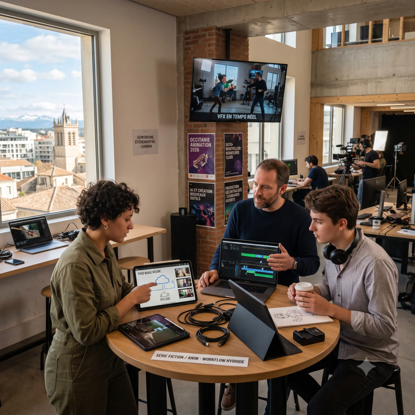 Techniciens analysant un workflow cloud et montage sur tablettes.