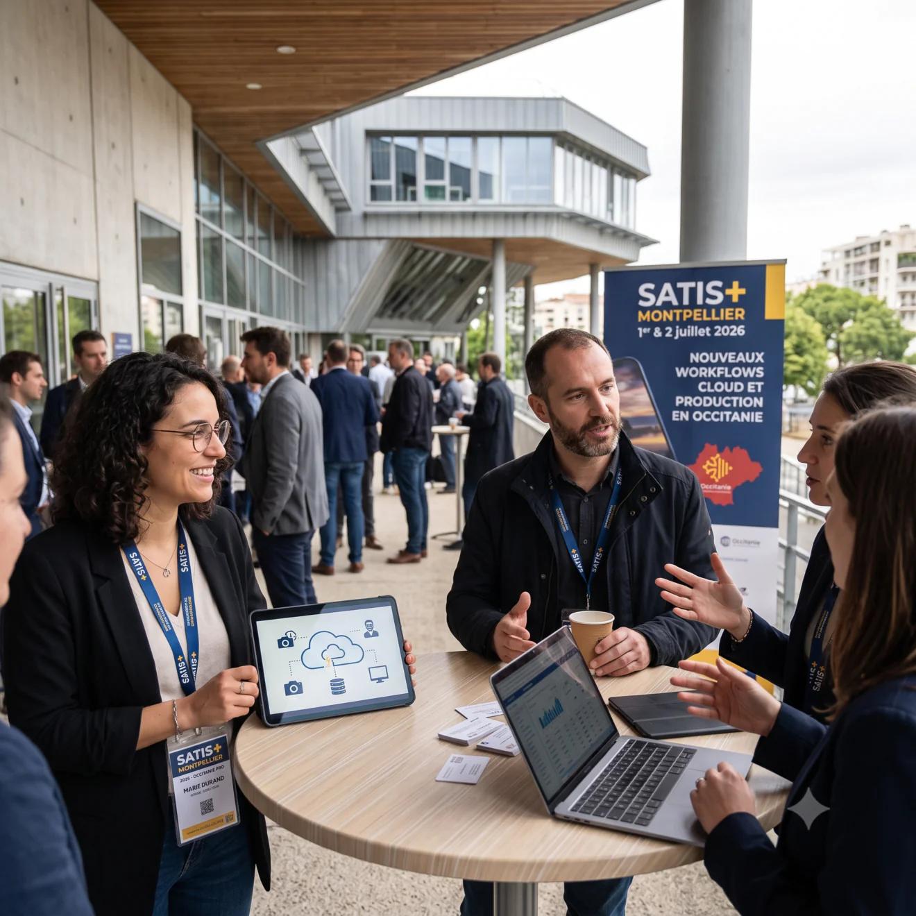 Professionnels échangeant en extérieur au salon SATIS+ Montpellier 2026.