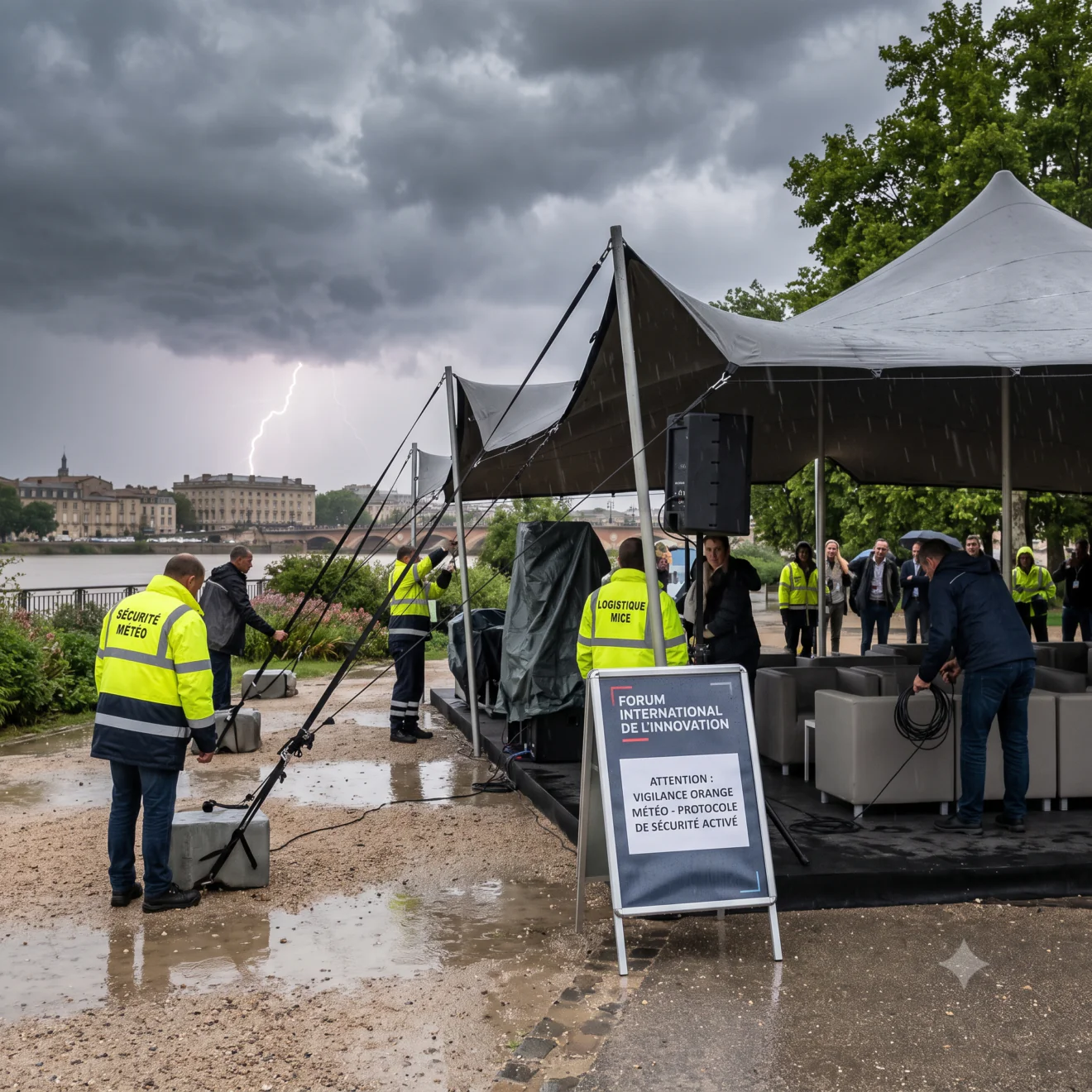 Équipe logistique sécurisant une tente événementielle en extérieur sous un ciel d'orage menaçant avec un éclair.