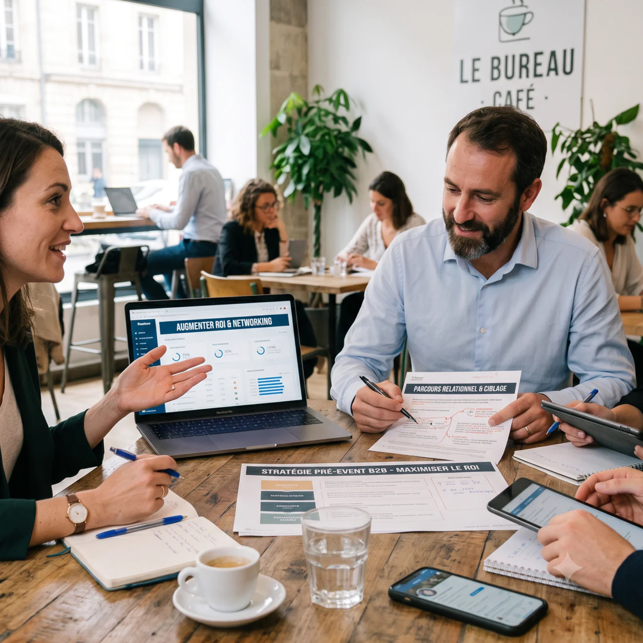 Un binôme étudie une stratégie marketing et des graphiques sur ordinateur dans un café de travail.