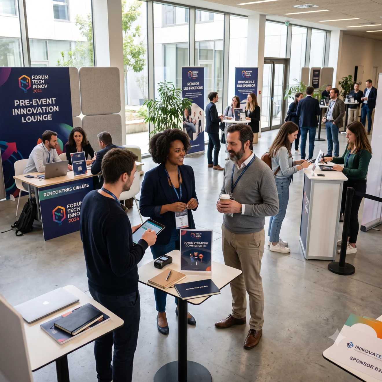 Des participants échangent et networkent dans les allées d'un salon professionnel.