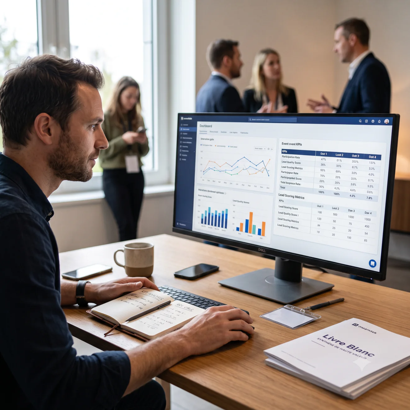 Un homme analyse un tableau de bord de KPI sur son écran d'ordinateur de bureau.