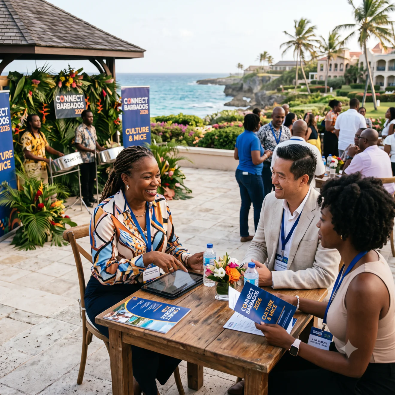 Des participants au salon Connect Barbados 2026 échangent autour d'une table en terrasse, face à la mer.