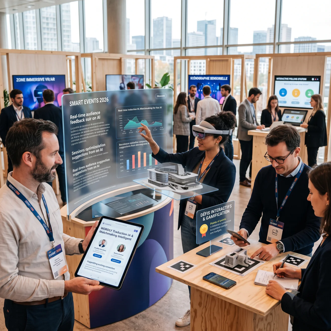 Des professionnels connectés sur tablettes et smartphones échangent autour d'une table.
