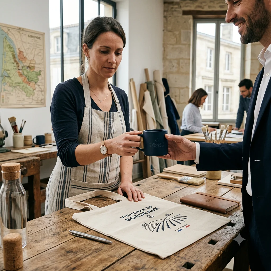 Remise d'un mug personnalisé dans un atelier d'artisanat.