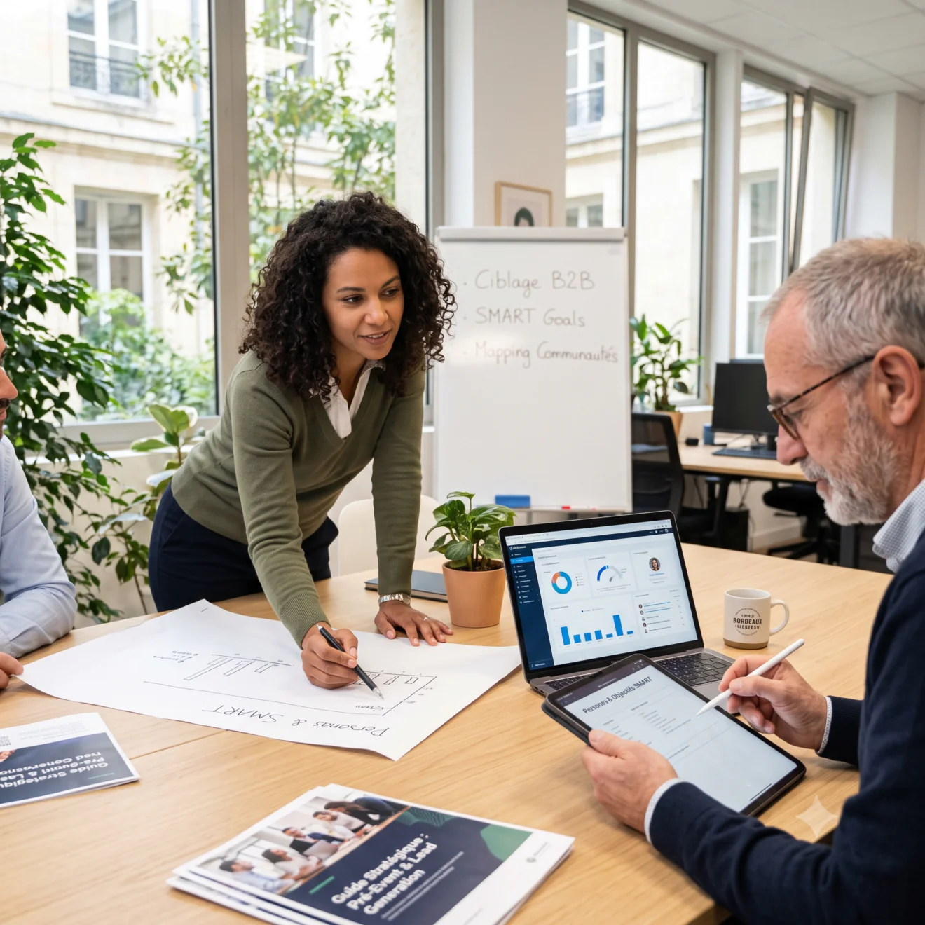 Une équipe collabore autour de schémas stratégiques et d'une tablette numérique.