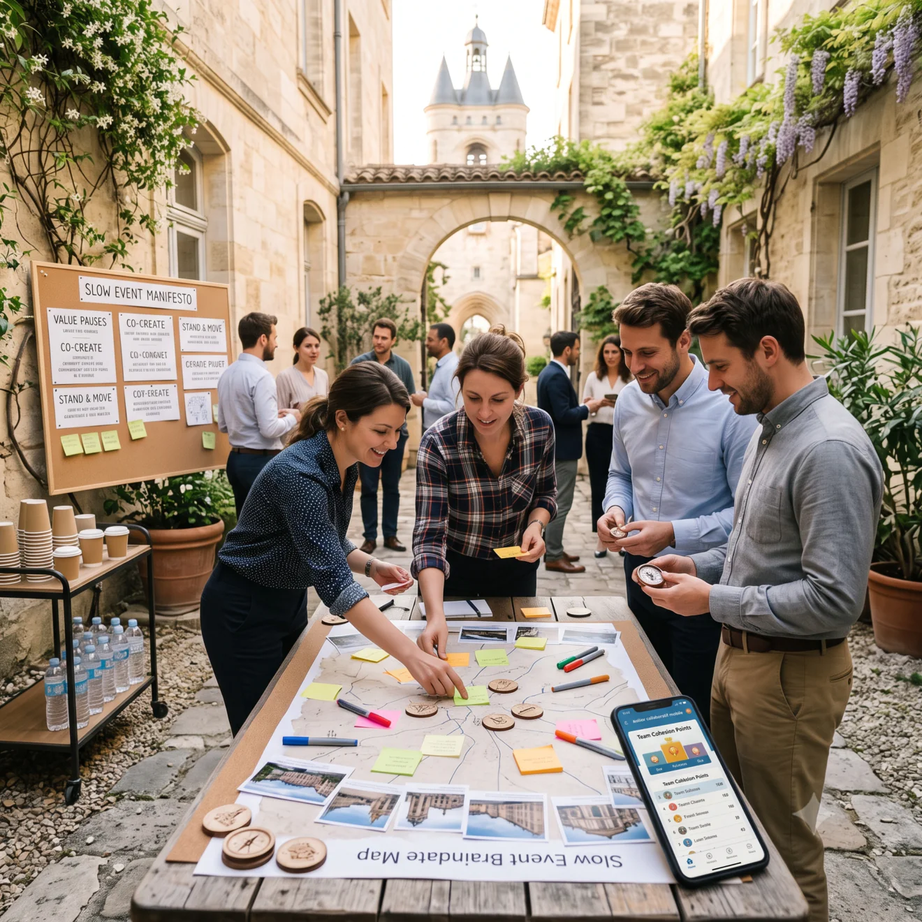 Équipe participant à une séance de brainstorming collaborative et interactive en extérieur.