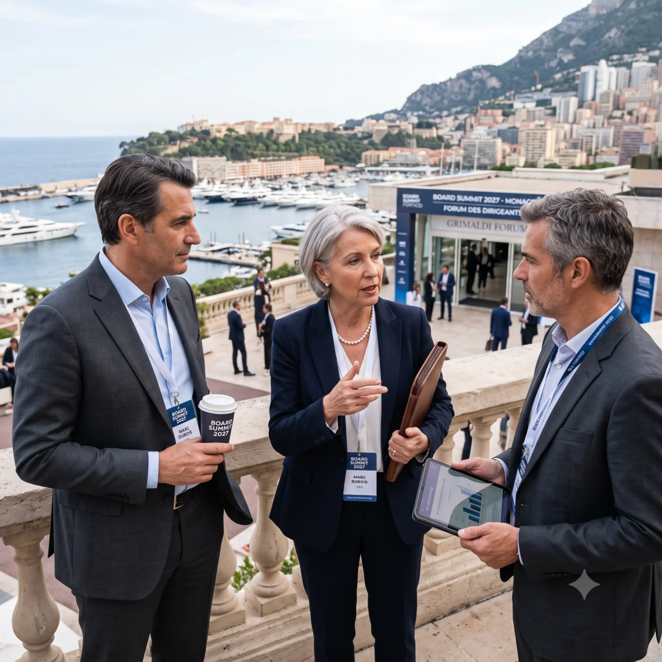 Trois dirigeants échangent sur une terrasse extérieure avec vue panoramique sur la marina et la ville.