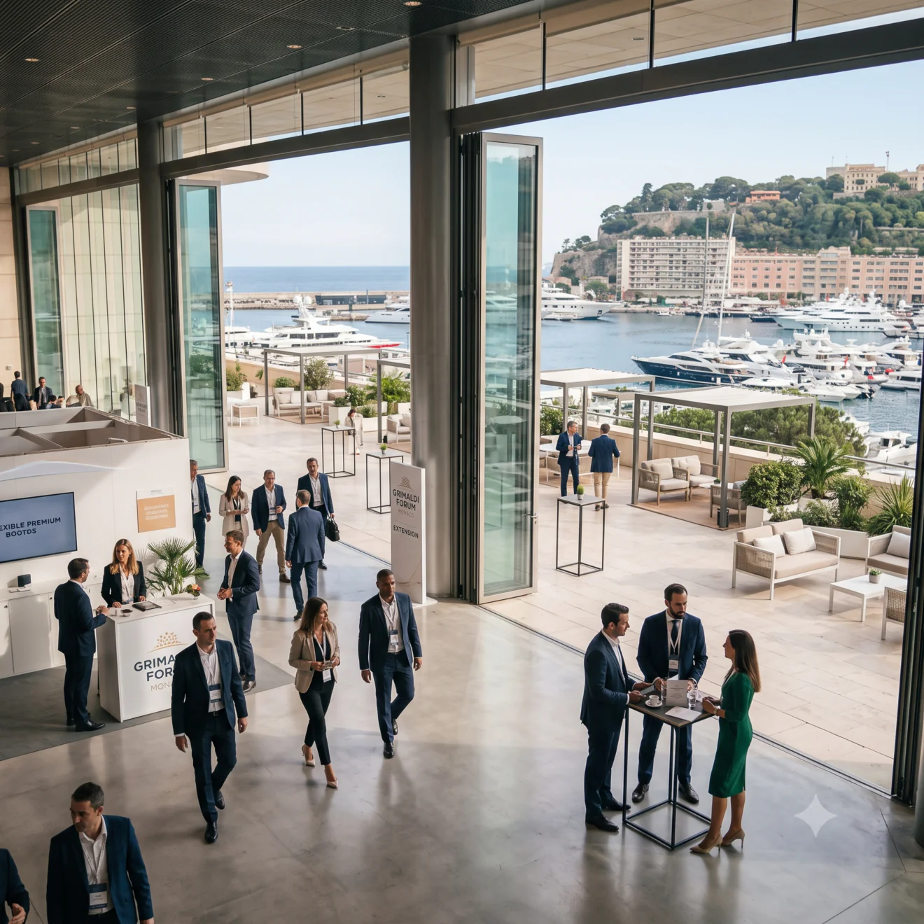 Vue en plongée d'un grand hall d'exposition ouvert sur une terrasse ensoleillée face aux yachts.