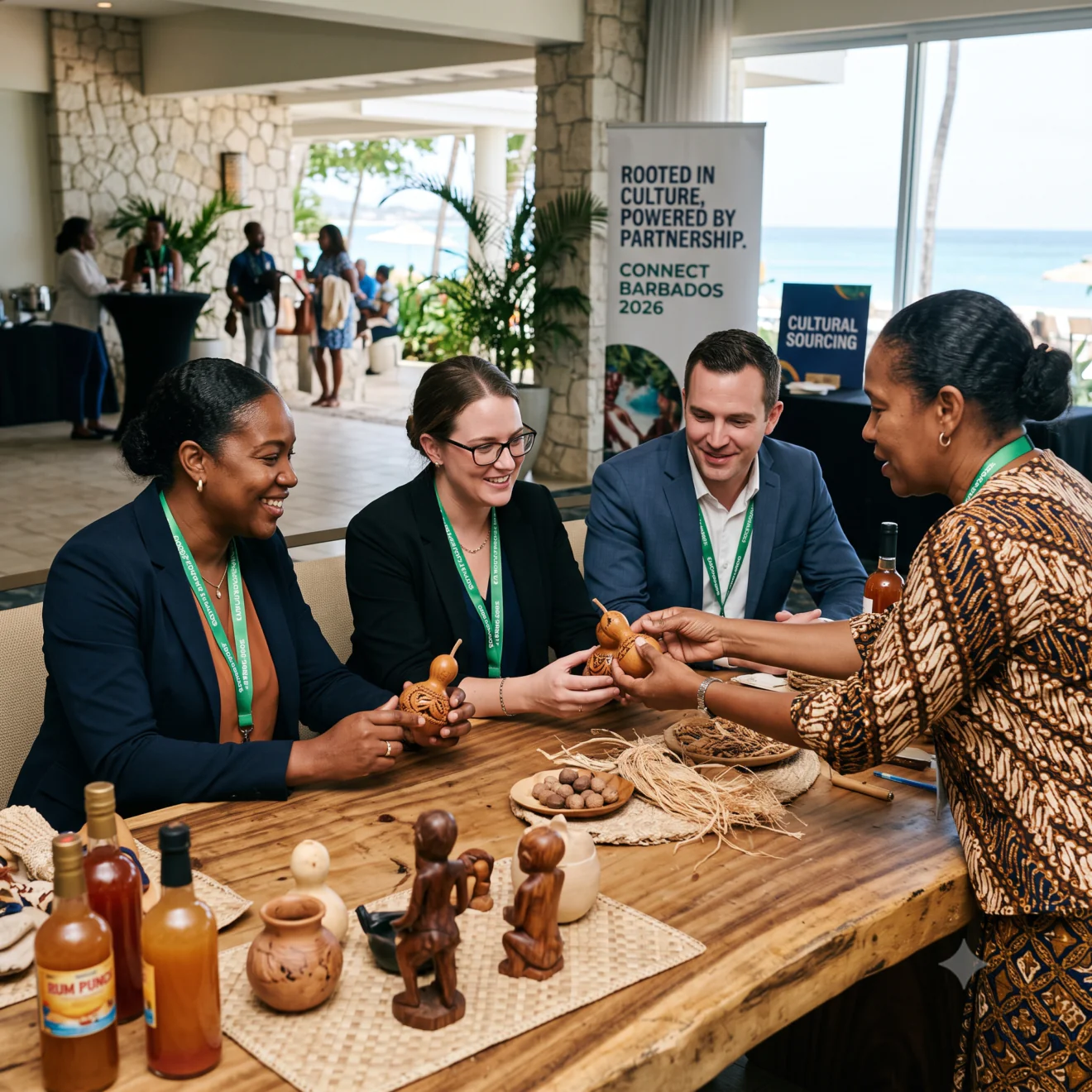 Une femme présente de l'artisanat barbadien en bois à des professionnels assis autour d'une table en bois.