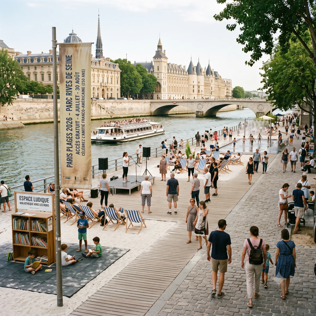 Promenade sur les quais de Seine avec bibliothèque et transats
