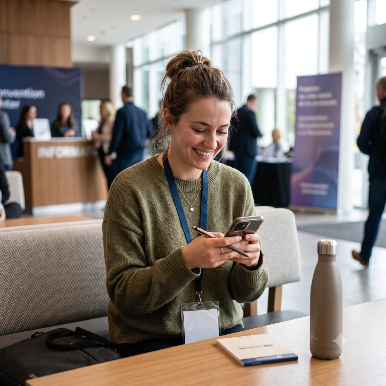 Une participante sourit en consultant son smartphone dans le hall d'un événement.
