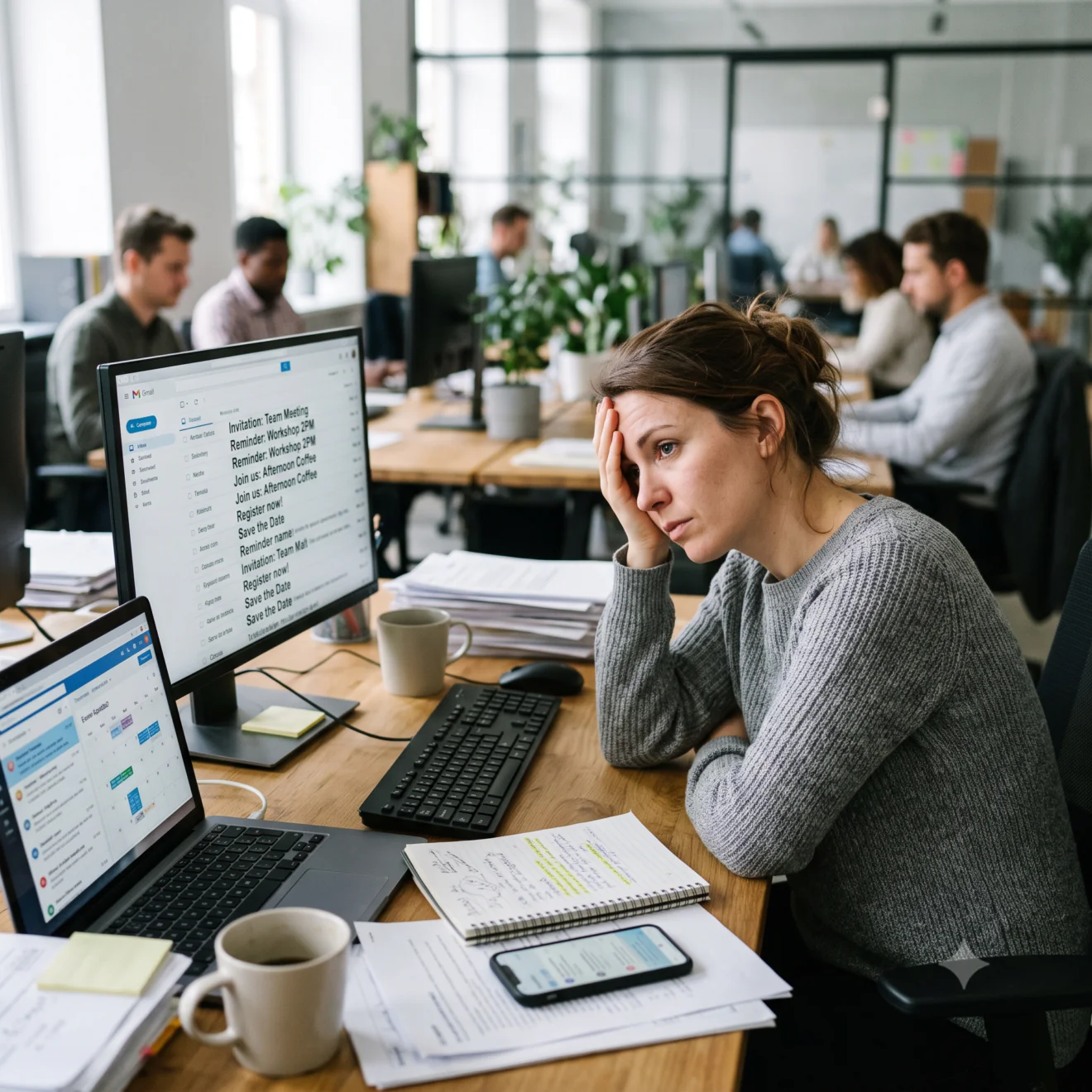 Femme stressée et fatiguée à son bureau d'open space, se prenant la tête.
