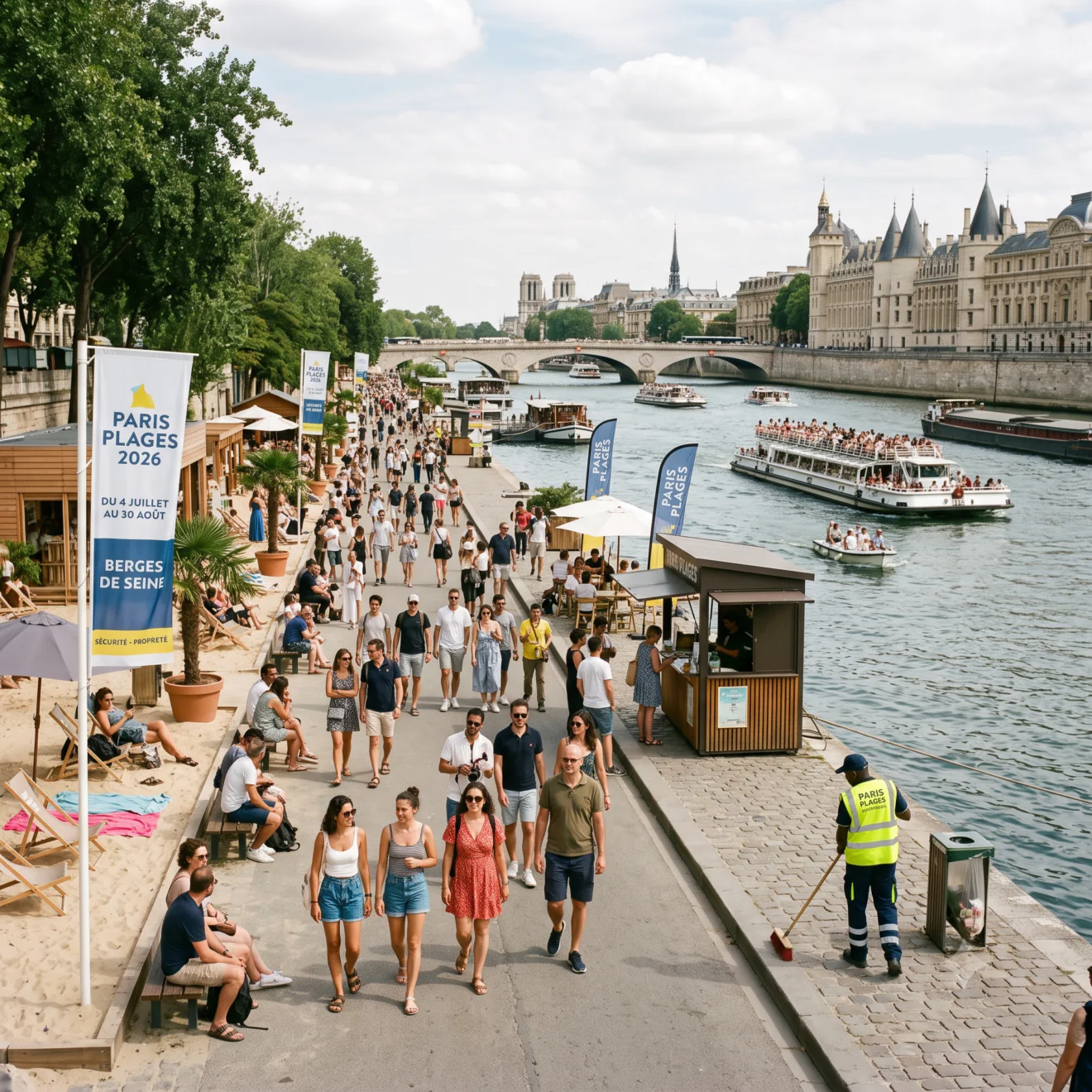 Berges de Seine piétonnes, terrasses et passage de bateaux-mouches