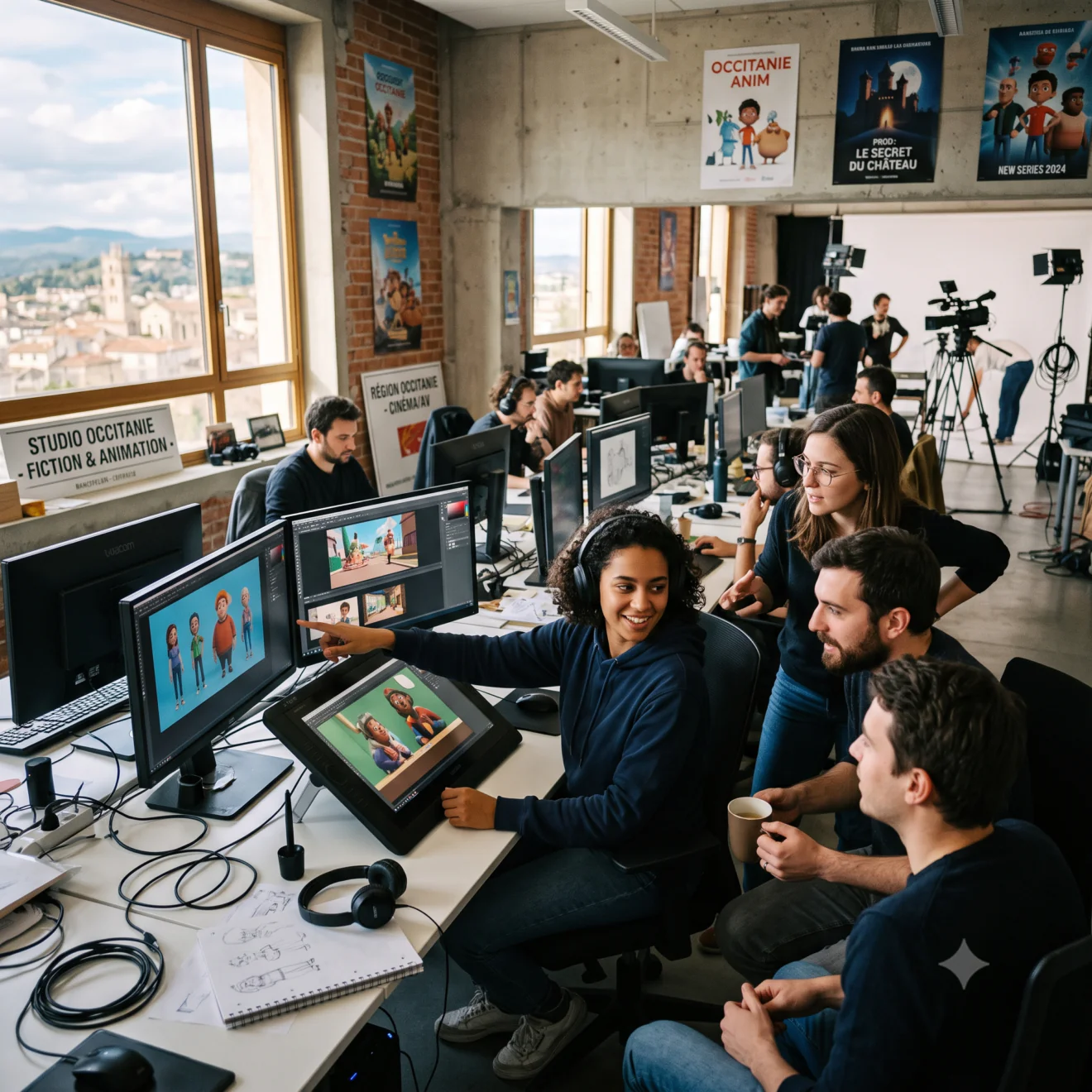 Équipe de créatifs en animation 3D dans un studio en Occitanie.