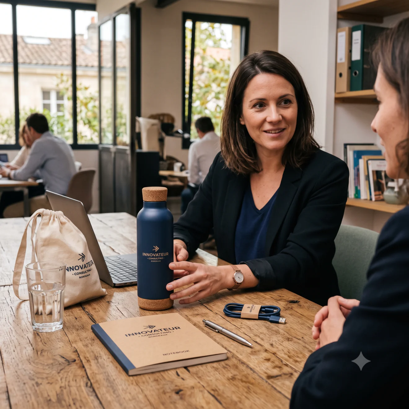 Discussion professionnelle autour d'une gourde corporate « Innovateur Consulting »