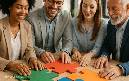 Équipe assemble des pièces de puzzle géantes