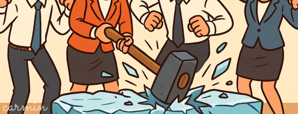 Illustration humoristique d'un icebreaker en entreprise avec des collègues qui brisent littéralement un glaçon géant
